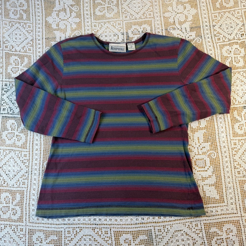 Vtg Aeropostale Women Small Striped Long Sleeve Cotton Top Burgundy Blue Green